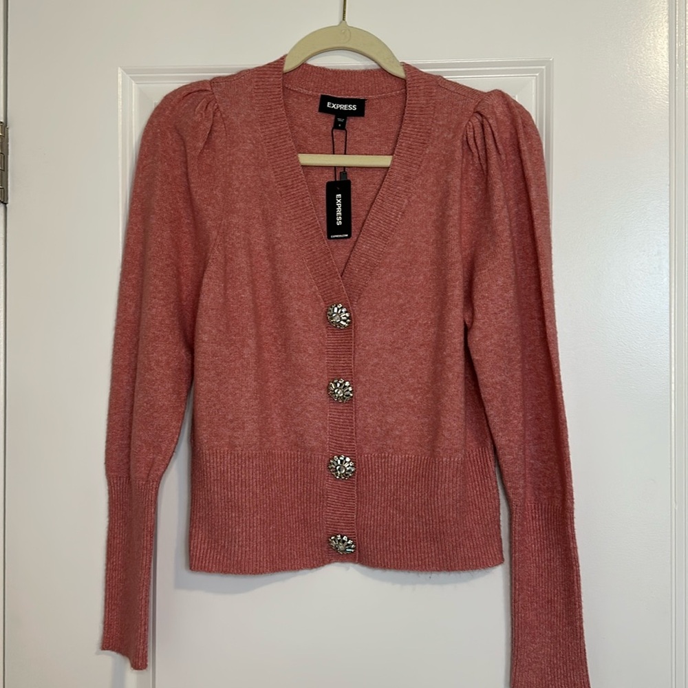 Express women’s size small pink puff long sleeve sweater v-neck faux button NWT